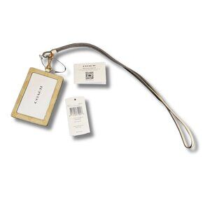 NWT Coach Signature Canvas Lanyard ID Holder Khaki Chalk Gold Hardware